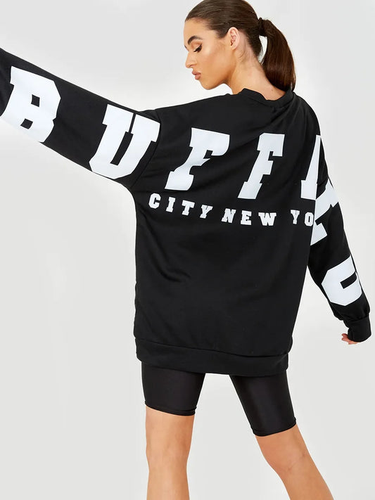 Ladies Buffalo New York Slogan Print Longline Oversized Sweatshirt Jumper  Top
